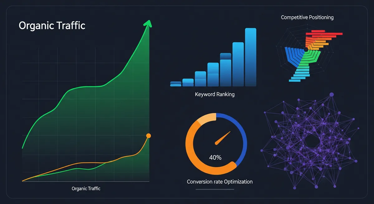 Professional SEO performance monitoring dashboard showing comprehensive analytics and optimization metrics