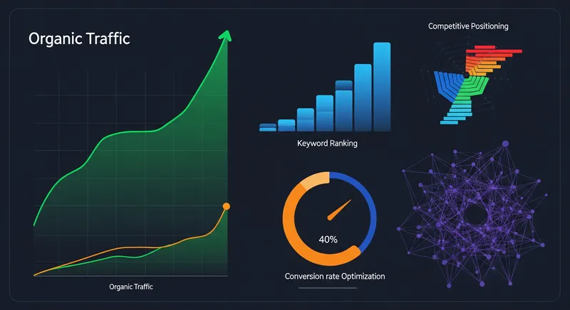 SEO performance monitoring dashboard showcasing ranking improvements, traffic growth analytics, and technical optimization results with real-time metrics