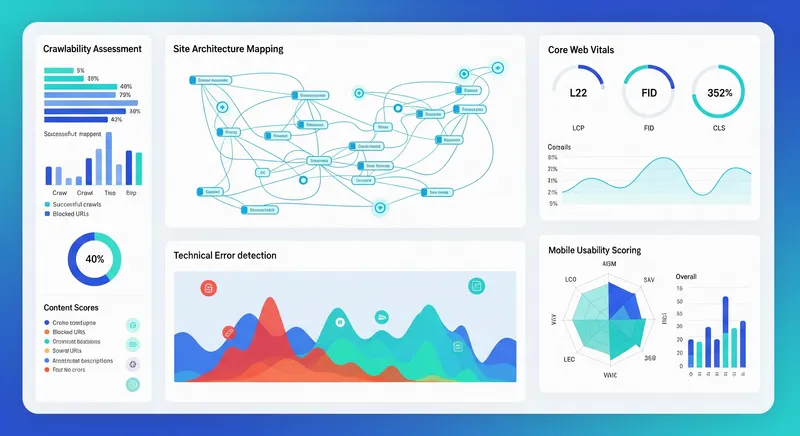 Advanced technical SEO audit dashboard interface displaying comprehensive site analysis, Core Web Vitals monitoring, and actionable optimization recommendations